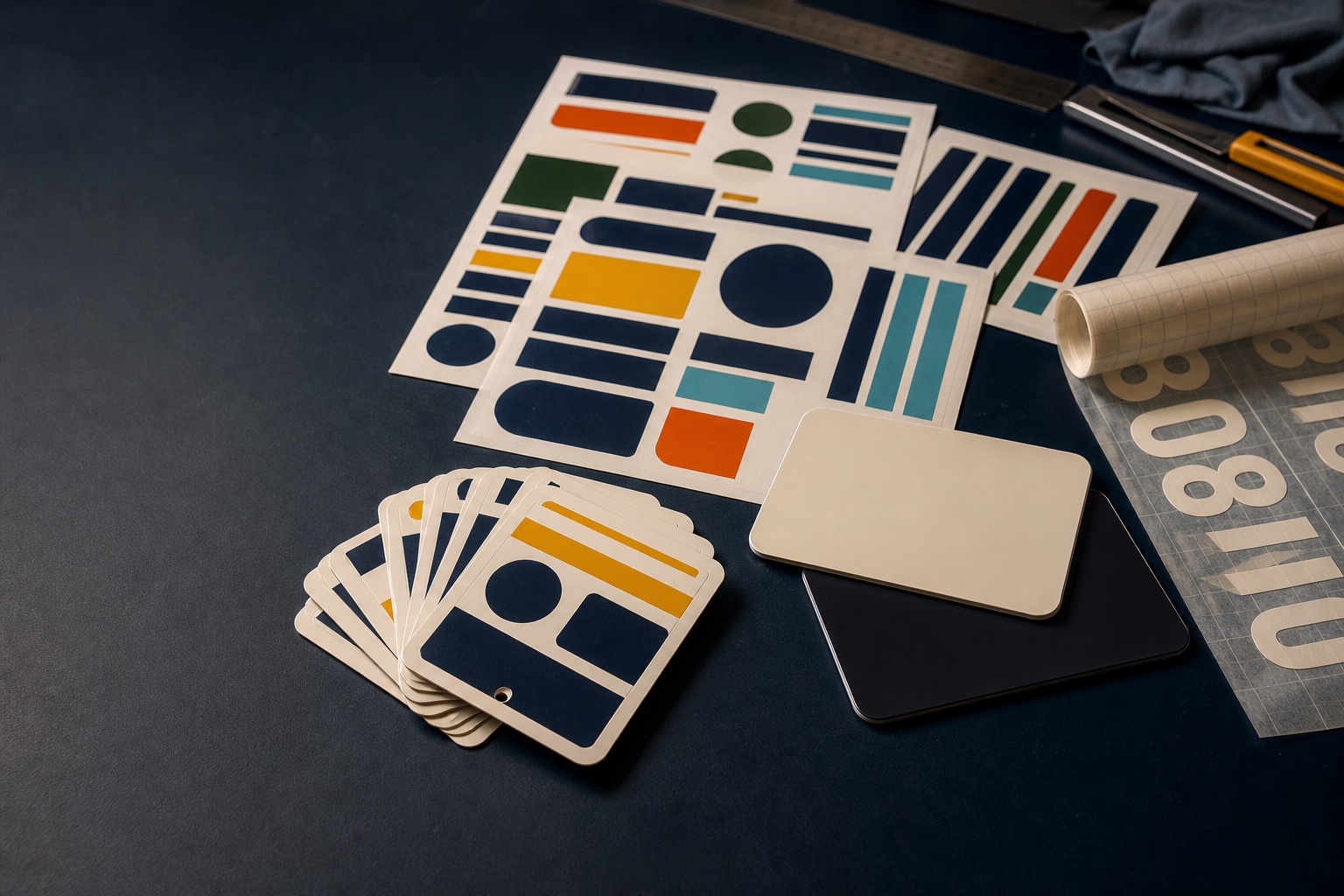 Digital concept visualization showing unapplied decal sheets, equipment labels, magnetic blanks and cut lettering under transfer film