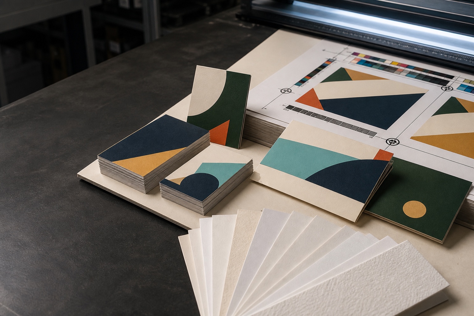 Digital concept visualization showing business cards, leave-behind pieces, illustrative paper swatches and a print proof