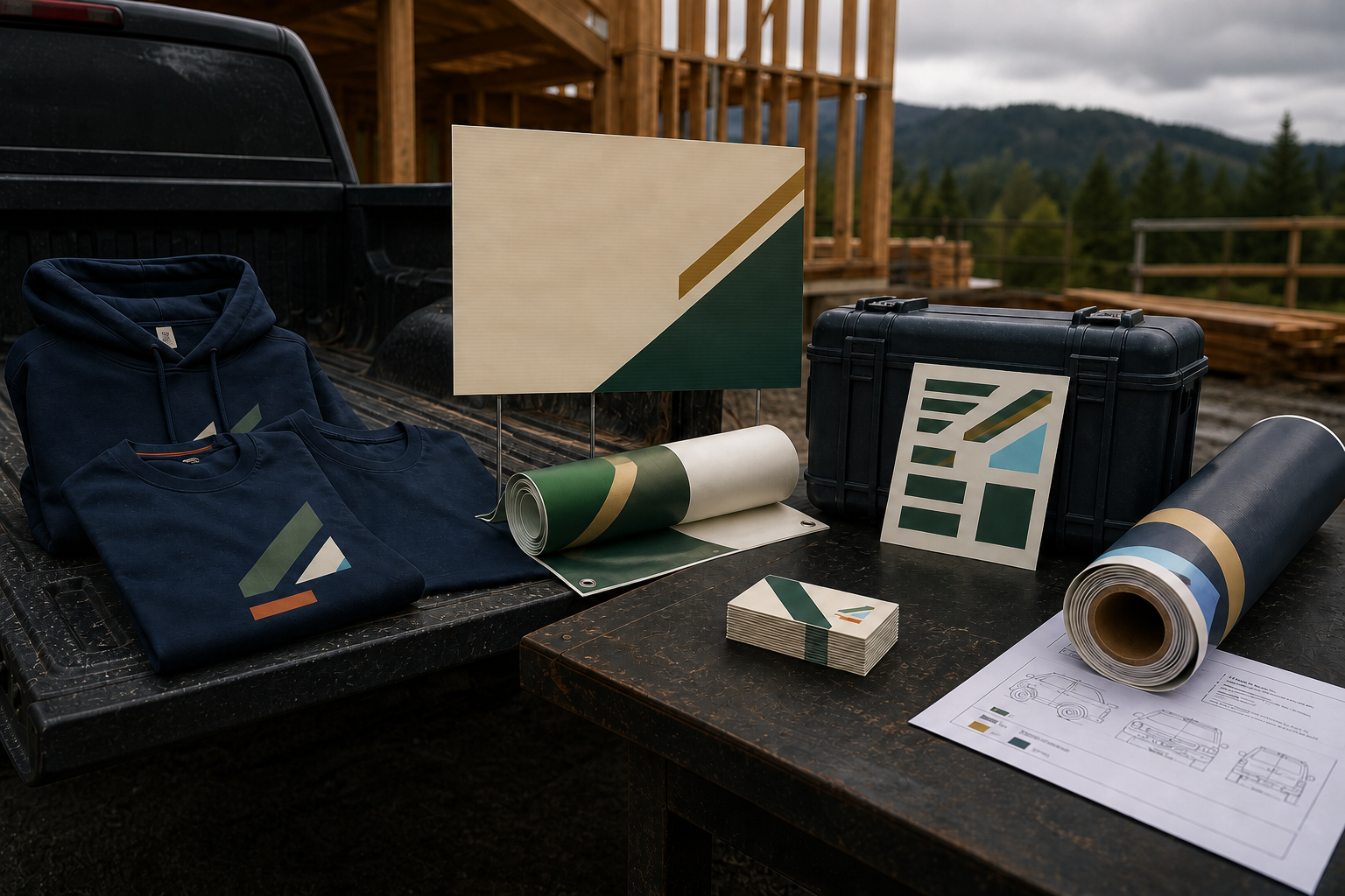 Self-initiated field concept showing coordinated apparel, a jobsite sign, decals, cards and uninstalled printed panel material