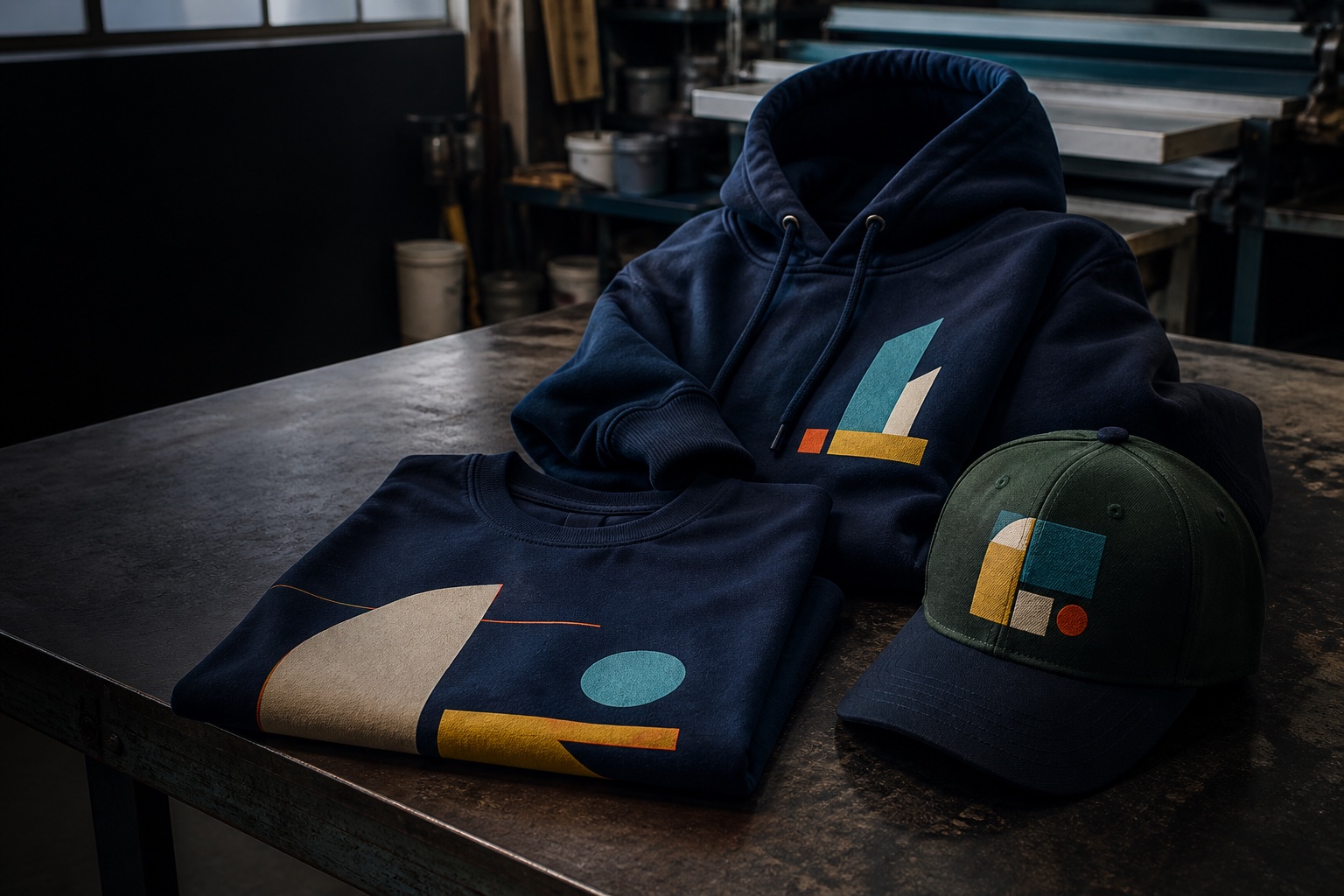 Digital concept visualization showing a work tee, hoodie and cap staged as a coordinated crew apparel set