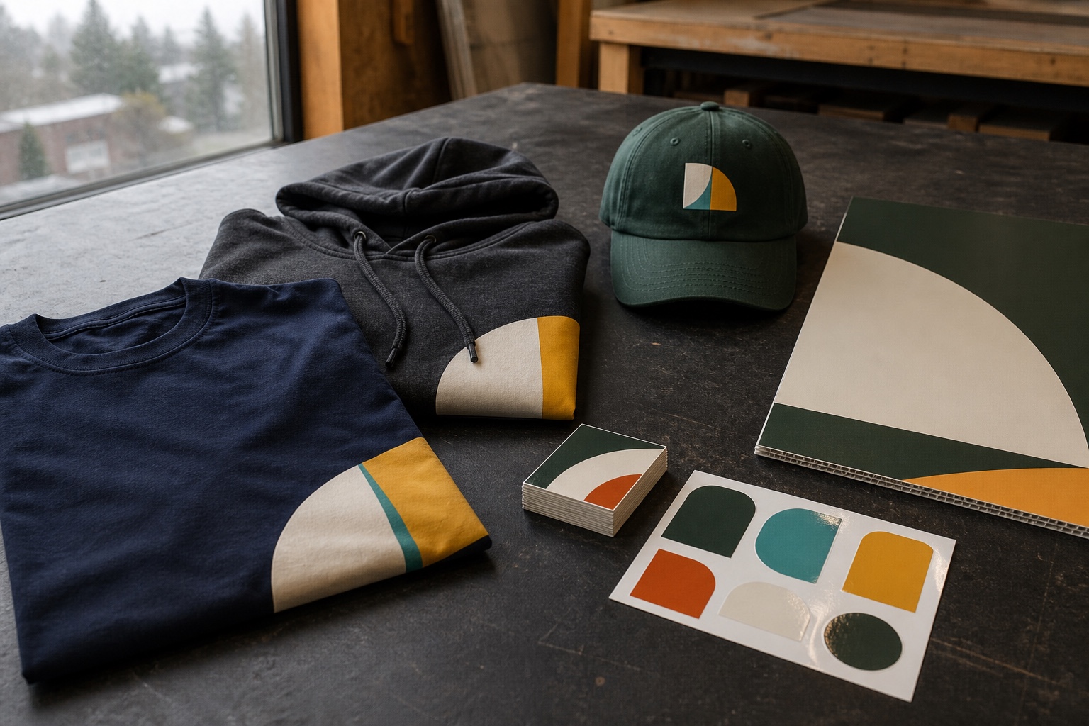 Self-initiated product concept with coordinated crew apparel, jobsite signs, decals and business cards on a contractor workbench