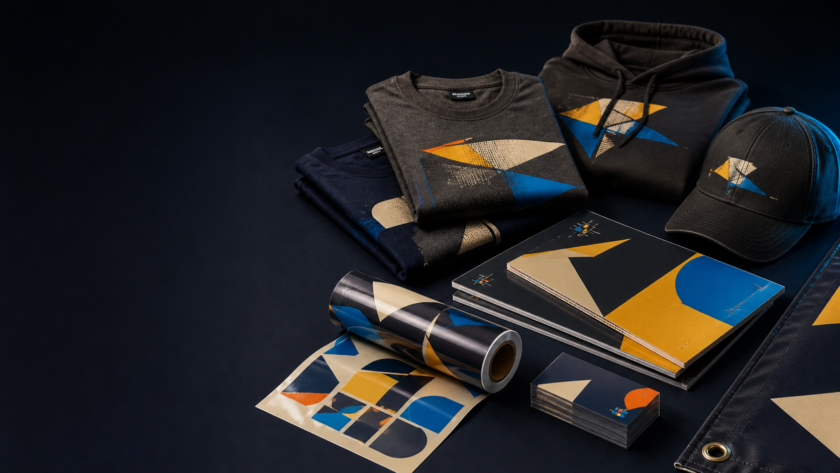 Studio concept showing coordinated crew apparel, jobsite signs, decals, cards and print materials