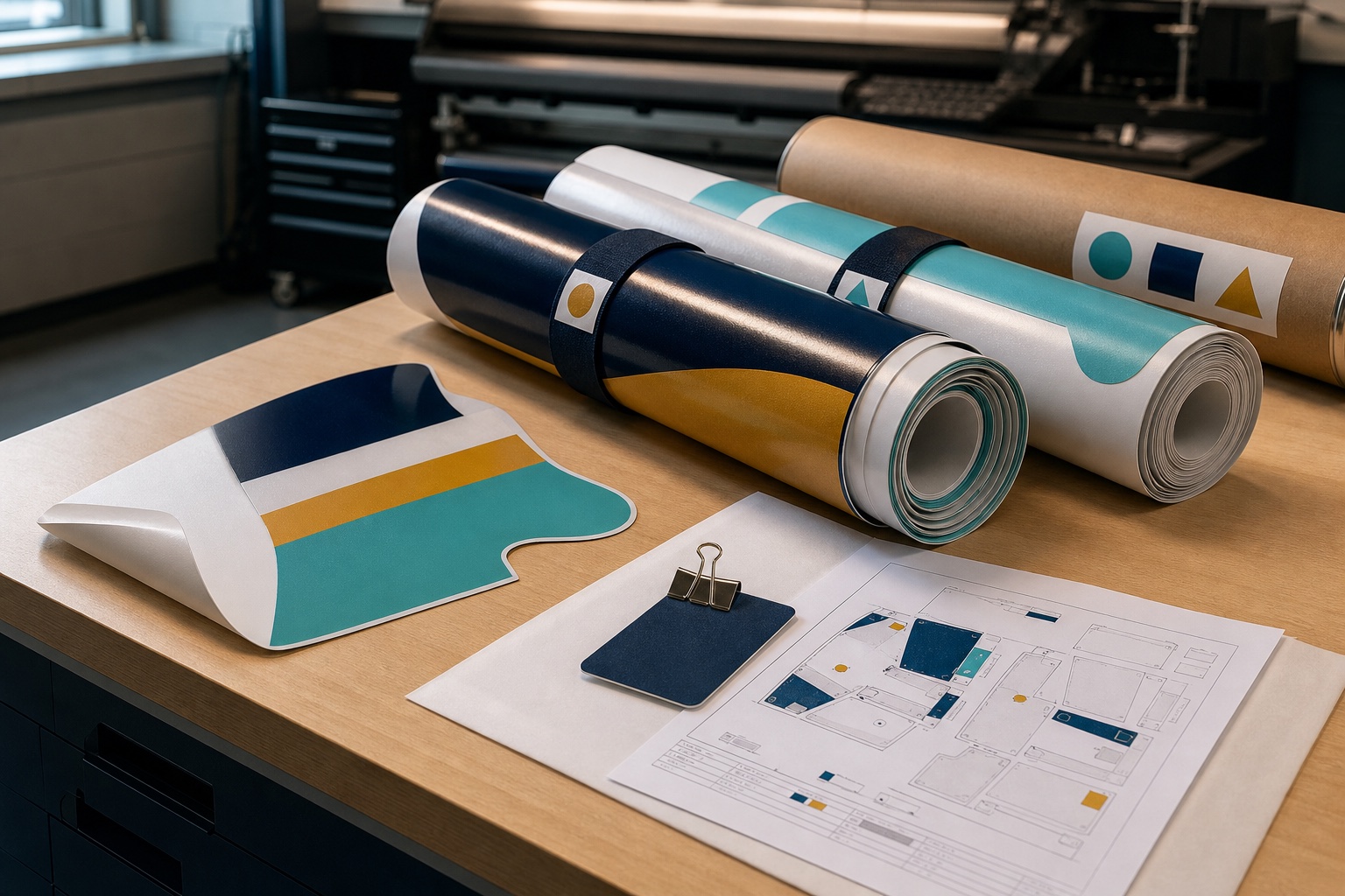 Digital concept visualization of a print-only handoff with rolled vehicle panel material, release sheet and installer plan